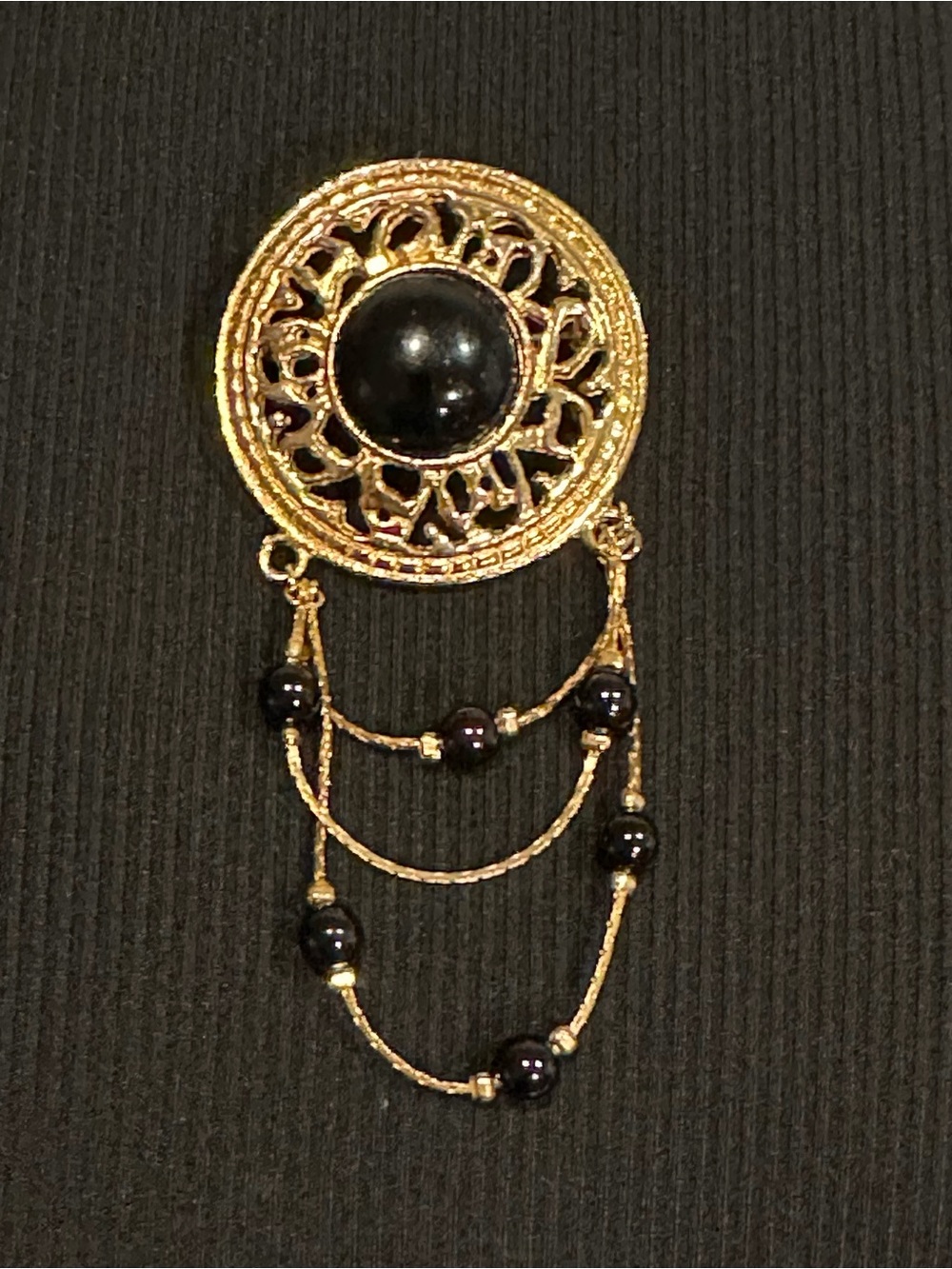 Vintage 1970s Victorian Revival Gold Tone Swag Brooch with Black Bead Dangles